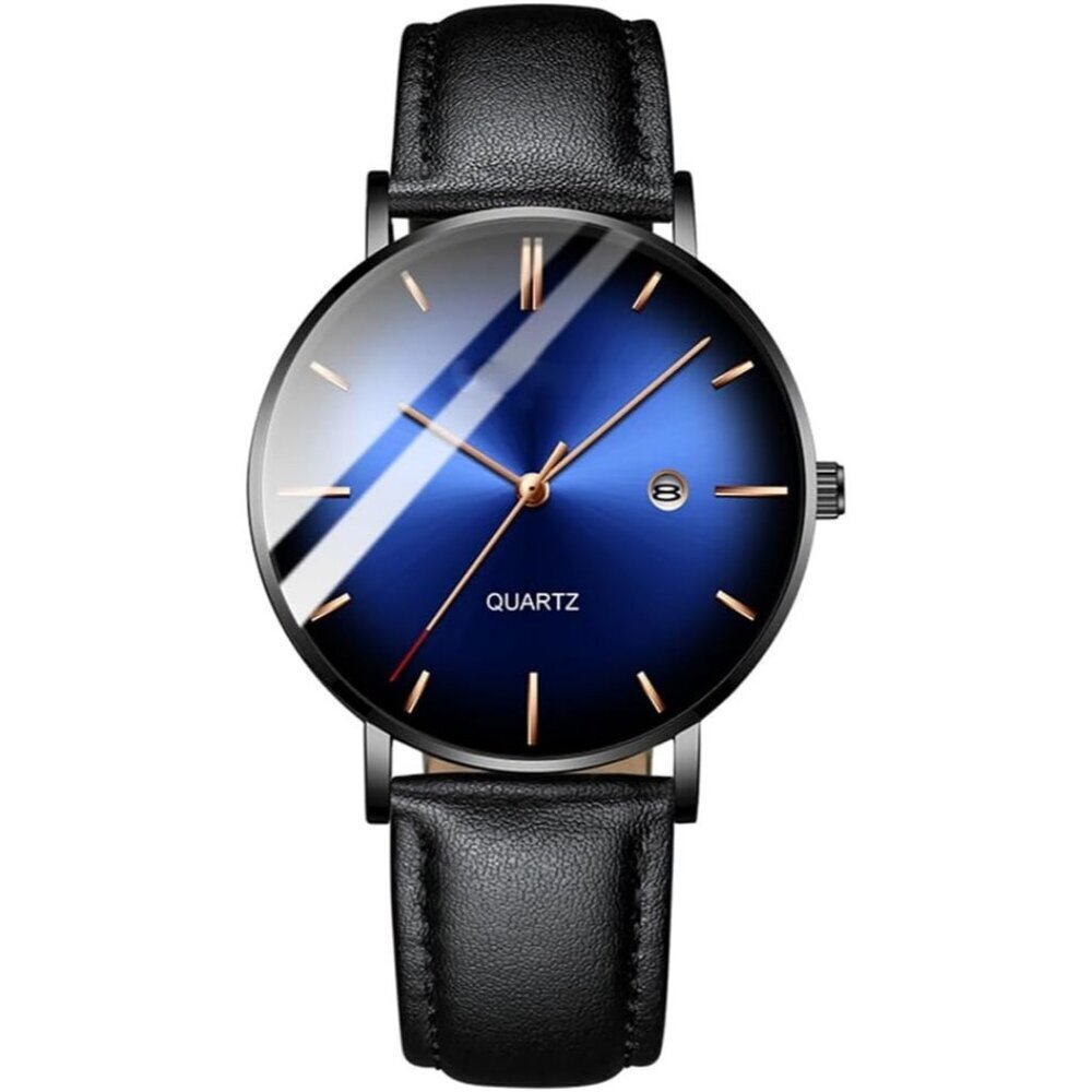 Men's Black Gold Ultra-Thin Minimal Waterproof Stainless Steel Mesh Buckle Watch